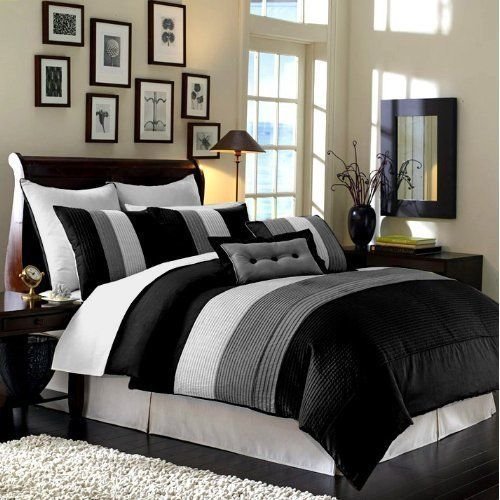 Black and white bedding~ Black and white bedroom ideas. Striped