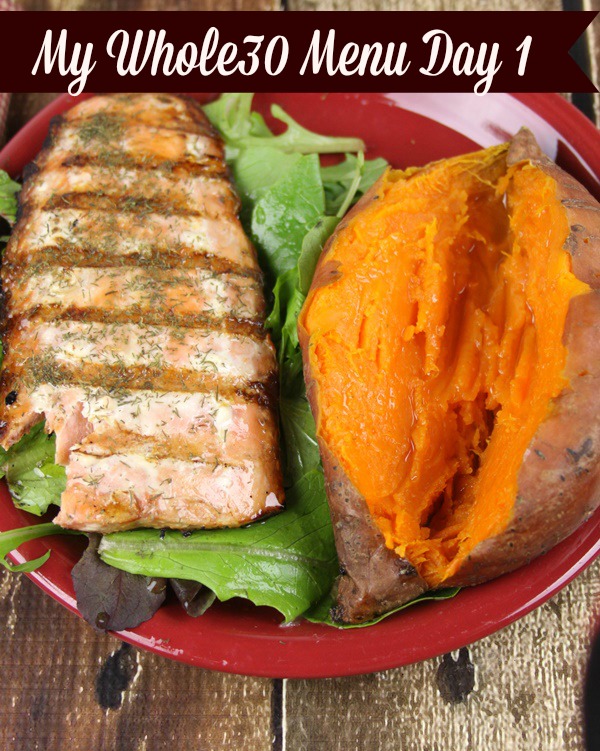 Whole 30 meal idea~ Garlic Dill Salmon and Slow Baked Sweet Potato