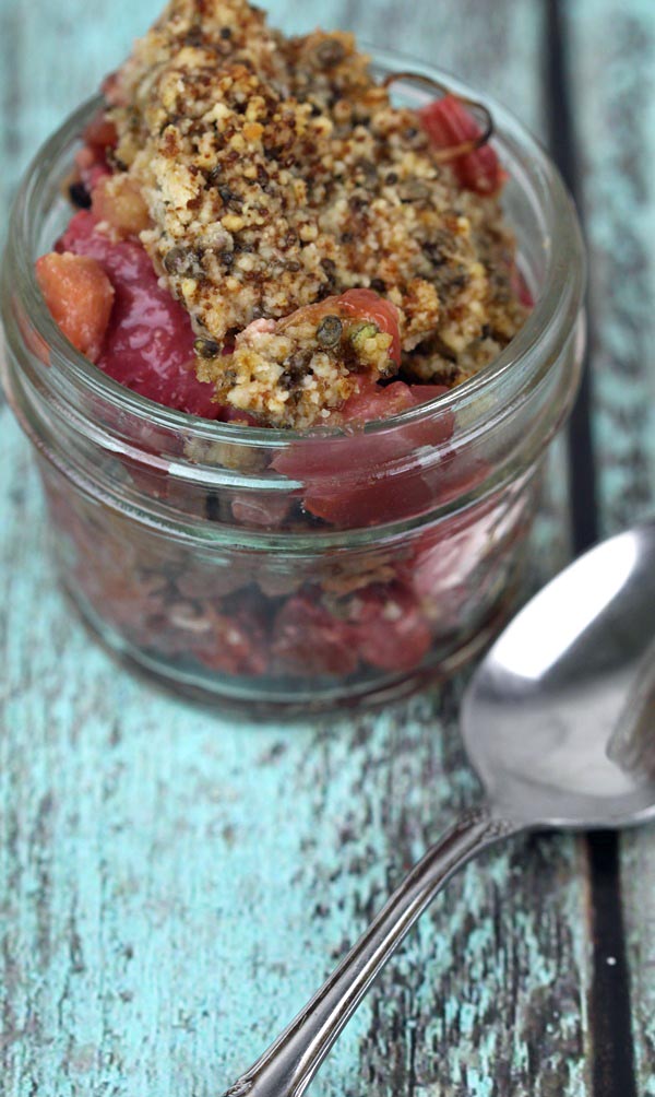 strawberry rhubarb crisp recipe with almond meal and chia seeds grain free gluten free, delicious
