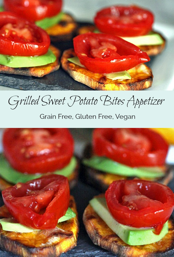 Grilled sweet potato bites appetizer recipe with avocado and tomato. Grain free, gluten free, vegan, dairy free
